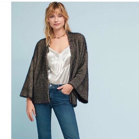 Anthropologie Sleeping on Snow black metallic open front cardigan size One Size - Picture 1 of 16